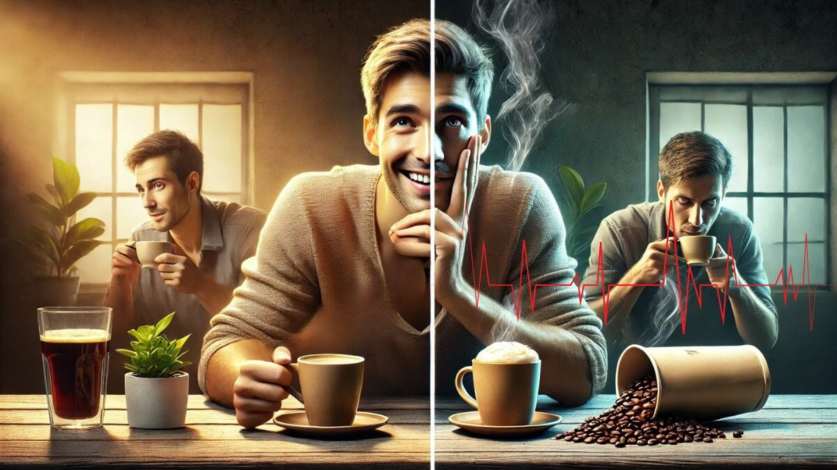 Personne buvant du café avec modération à gauche, en excès à droite, montrant les effets opposés