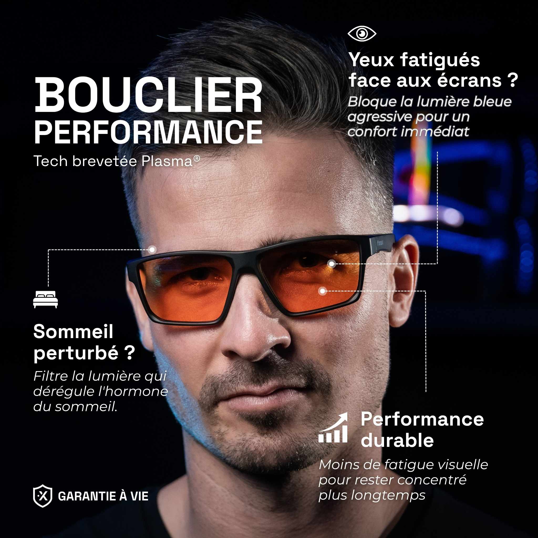 Young man wearing amber-lensed Horus X One gaming glasses against a black background with product benefit description (rested eyes, improved sleep, sustained performance)