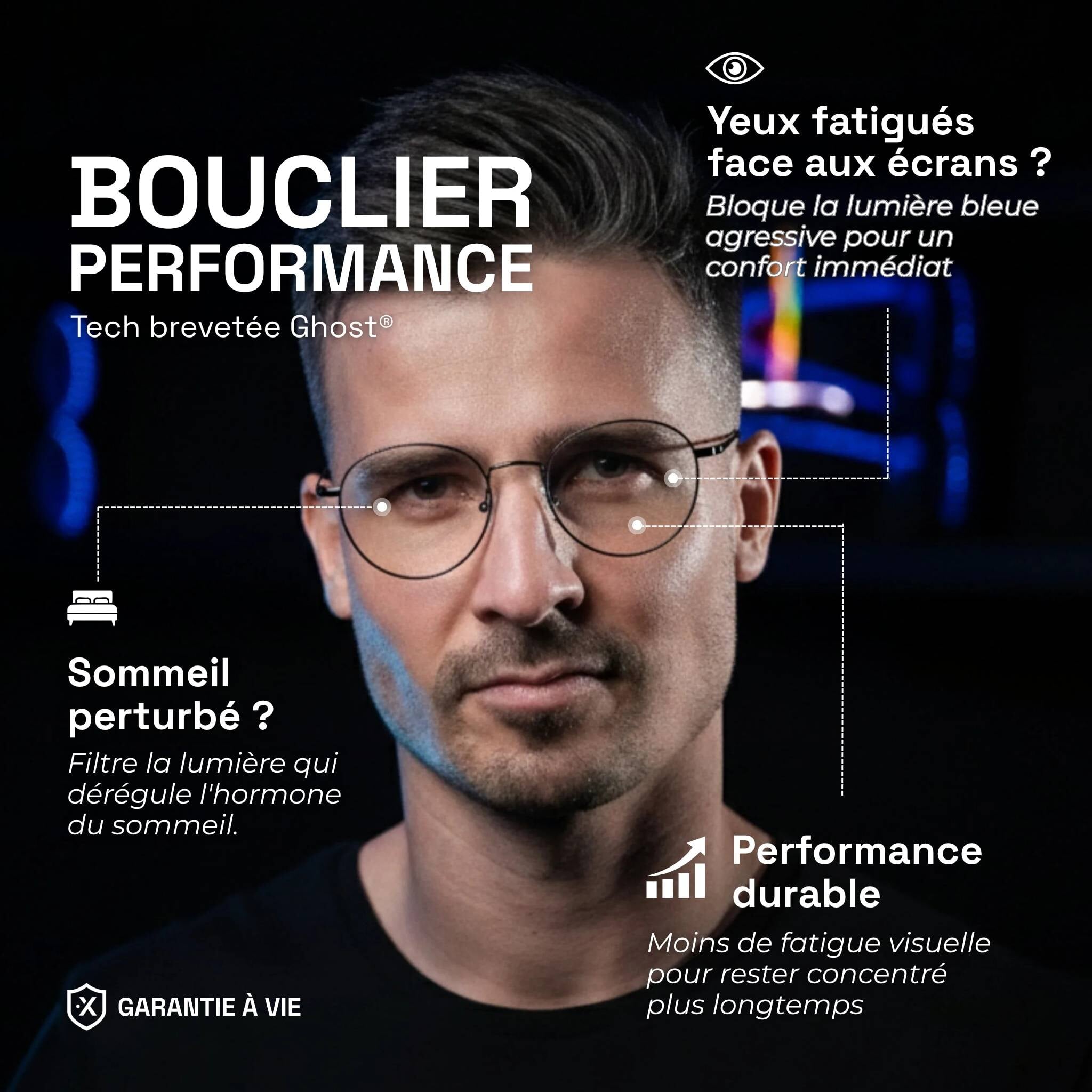 Young man wearing light obsidian gaming glasses under a headset. Product benefits in text: blocks blue light to relieve tired eyes and for better sleep.