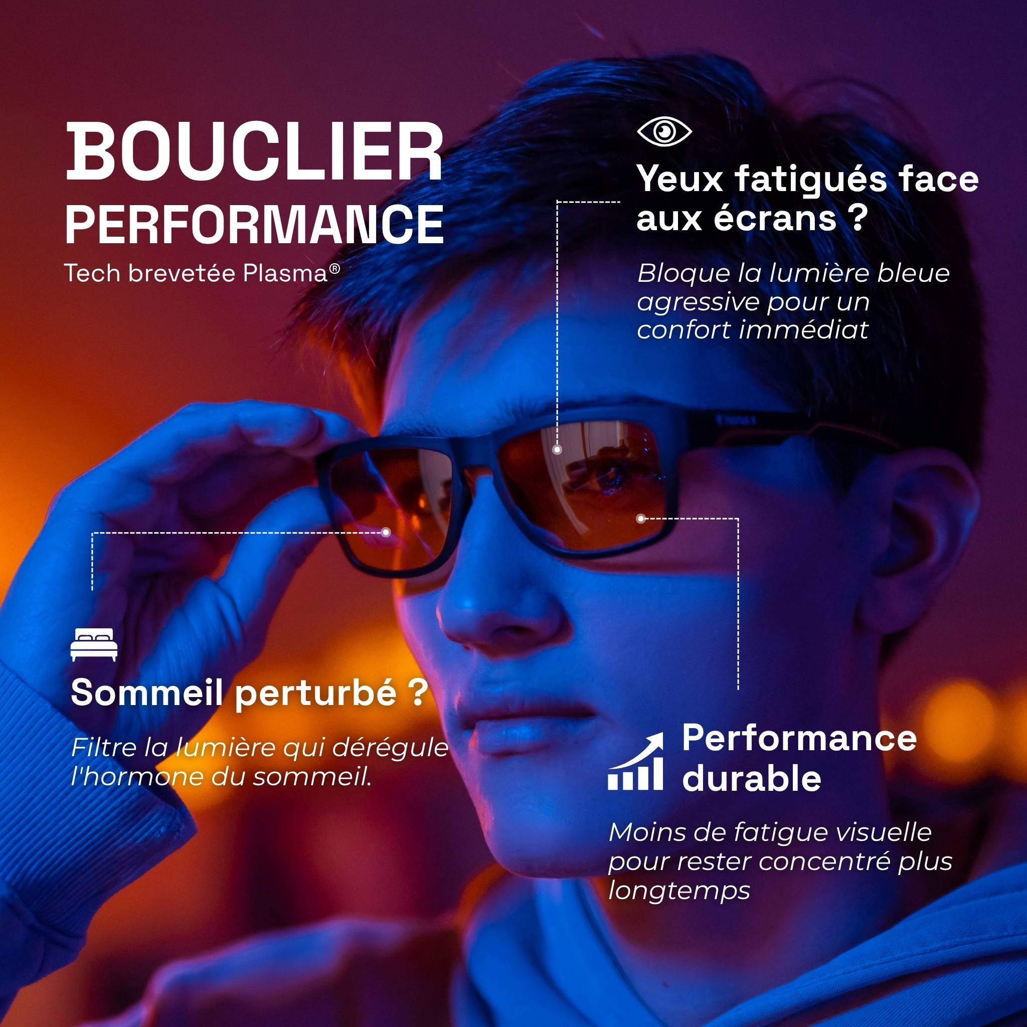 Adolescent portant les lunettes gaming hope avec filtre orange sur fond gaming multicolore et description technique texte