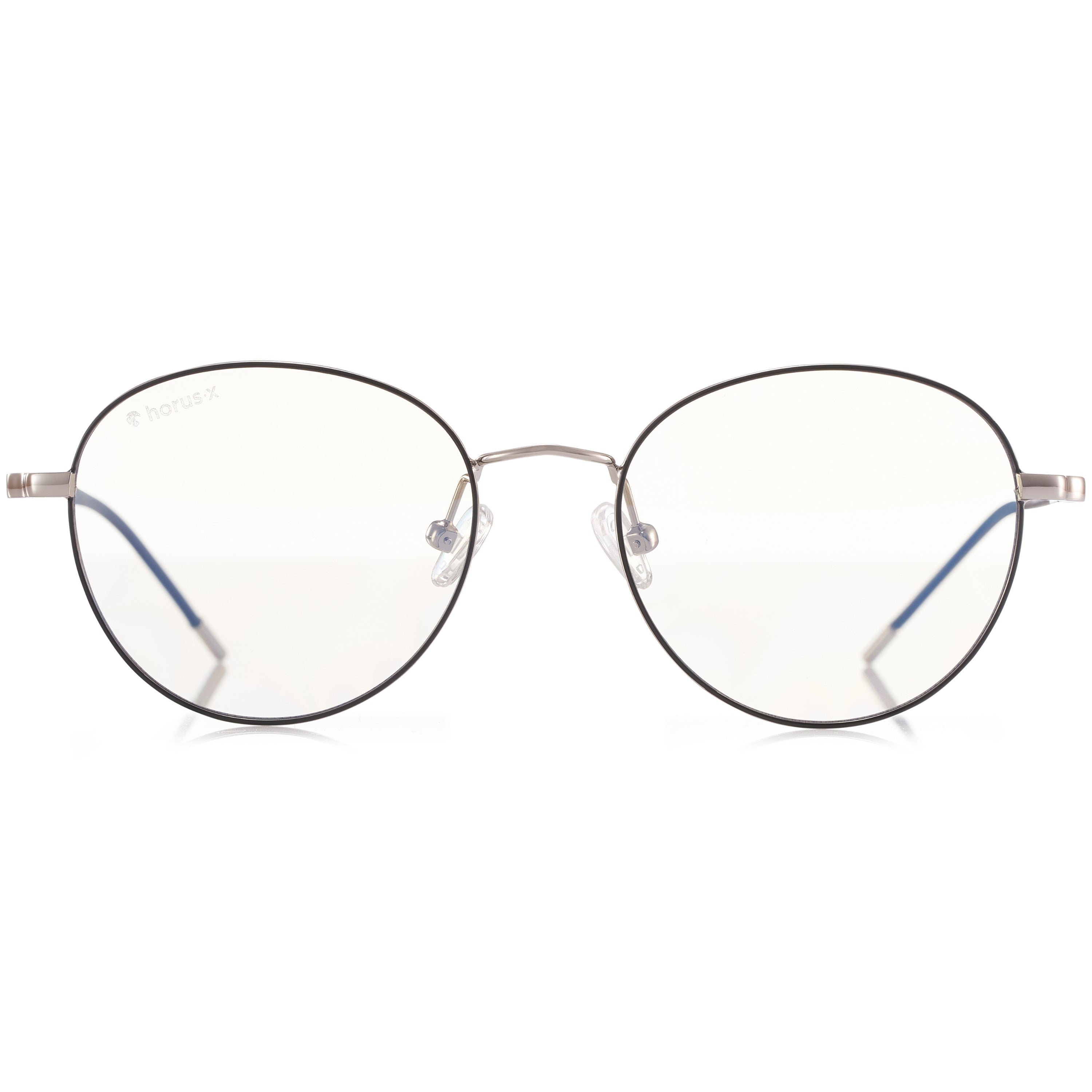 Lunettes anti lumière bleue rondes en métal argenté, de face sur fond blanc