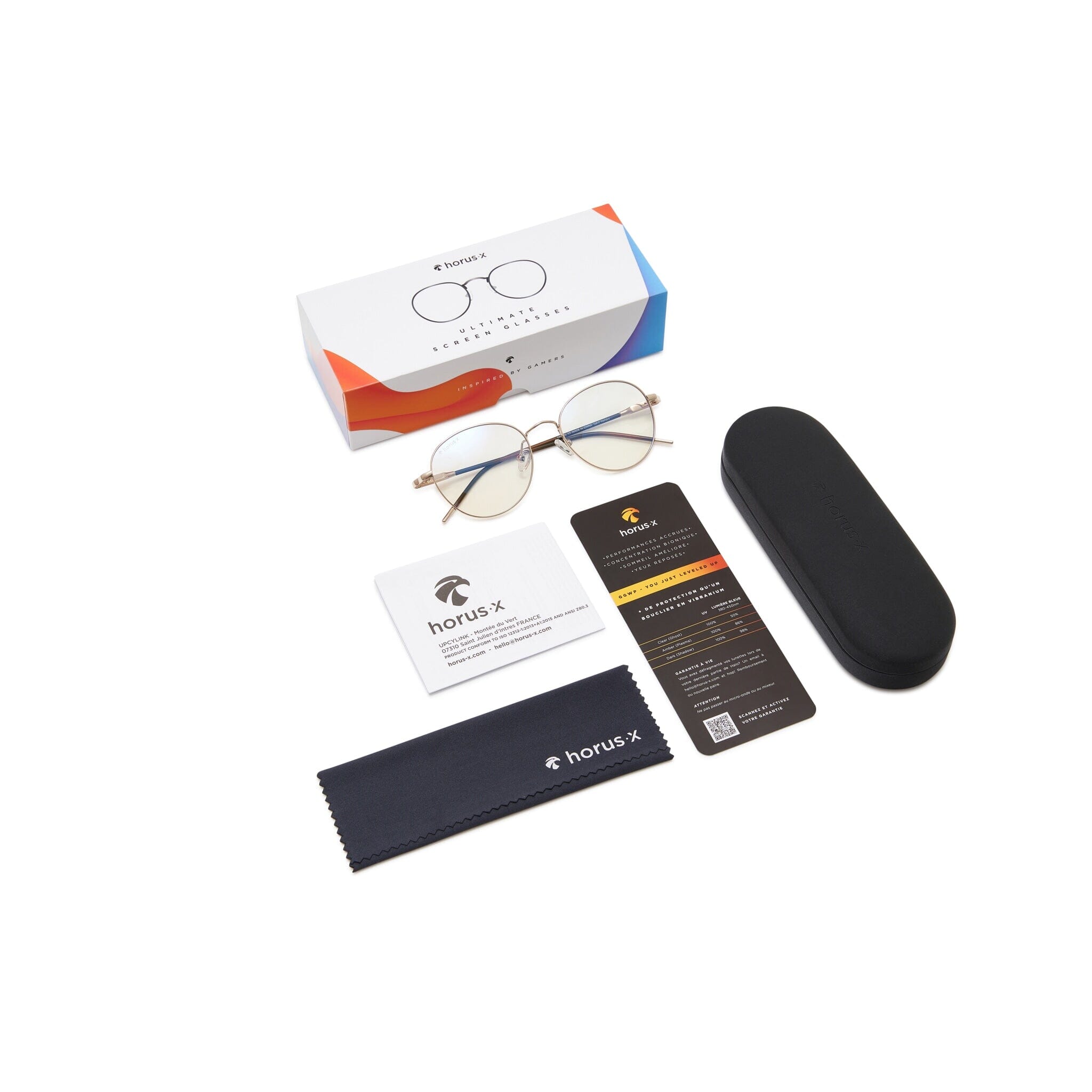 Vue aérienne de tout le packaging avec les lunettes anti lumière bleue rondes aux branches marrons, en métal doré.