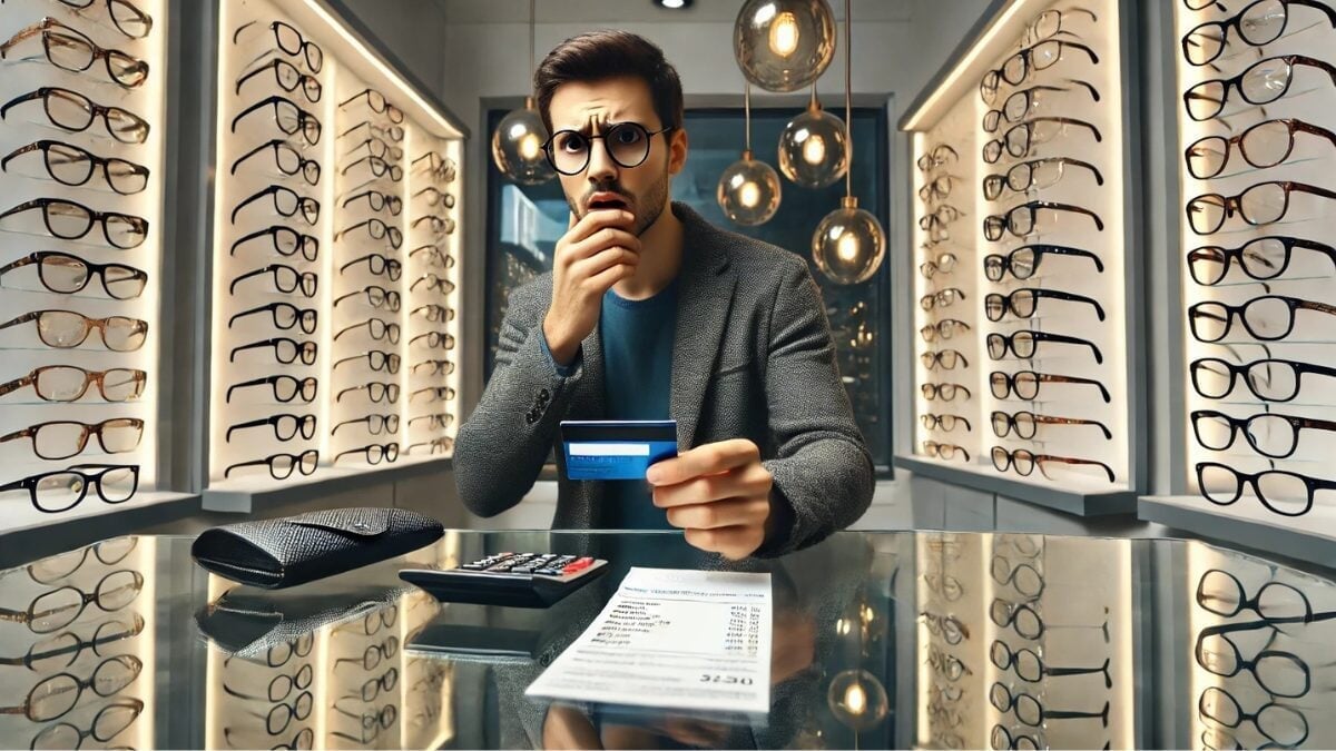 un homme surpris par les prix élevés des lunettes chez l'opticien