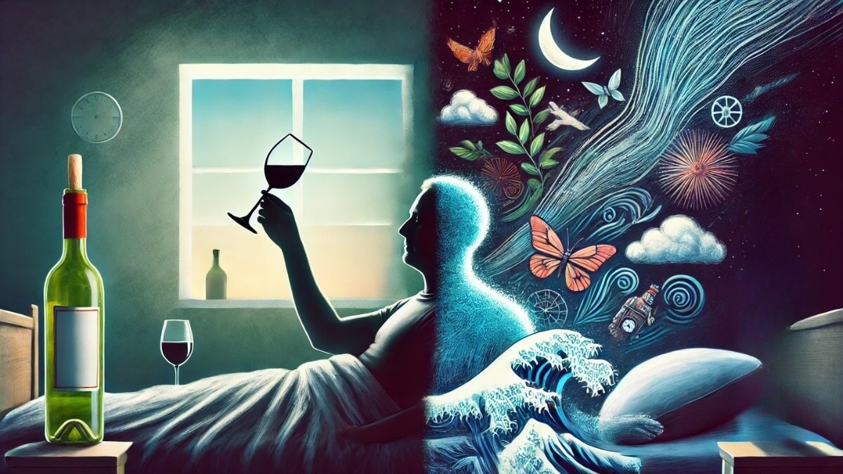 une illustration montrant l'impact de l'alcool sur le sommeil : un côté représente un repos paisible, l'autre des mouvements agités et un sommeil perturbé, avec une silhouette de verre à vin symbolisant les effets de l'alcool