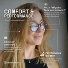 Young blonde woman wearing the Sydney. Benefit text on image: Comfort and performance, blocks aggressive blue light for immediate comfort and better sleep.