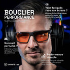 Paul wears One Revo gaming glasses with amber lenses under a headset. Text: Performance shield, blocks blue light for better comfort and sleep. Lifetime warranty.