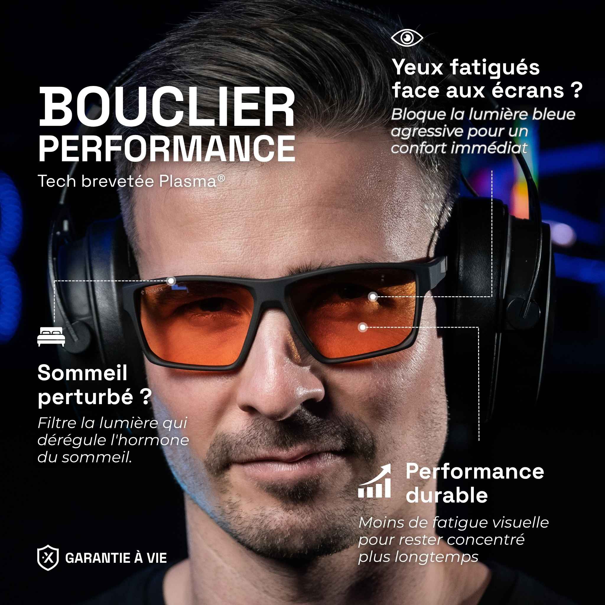 Paul wears One Revo gaming glasses with amber lenses under a headset. Text: Performance shield, blocks blue light for better comfort and sleep. Lifetime warranty.