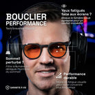 Matthieu wears Urban Revo gaming glasses with amber lenses under a headset. Text: Performance shield, blocks blue light for better comfort and sleep. Lifetime warranty.