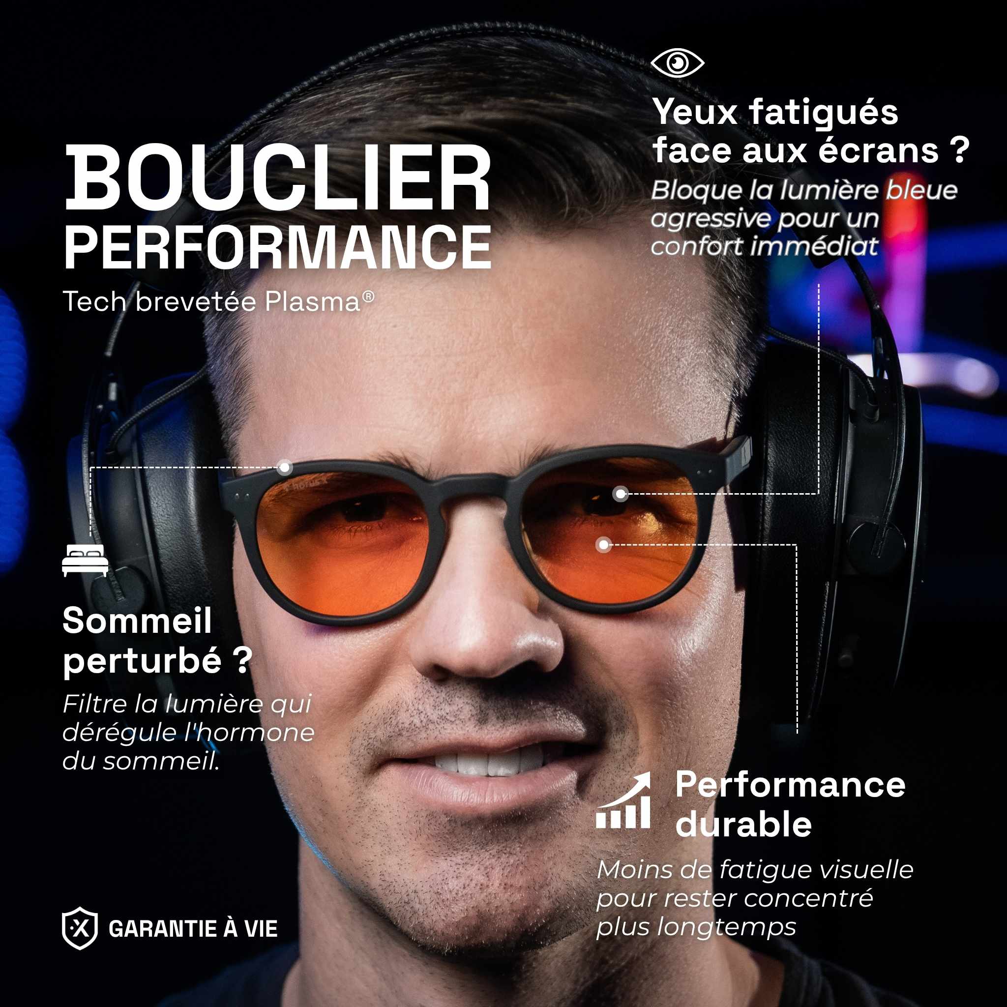 Matthieu wears Urban Revo gaming glasses with amber lenses under a headset. Text: Performance shield, blocks blue light for better comfort and sleep. Lifetime warranty.