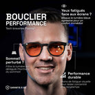 Our co-founder Matthieu wears the amber urban gaming glasses and shows the benefits: performance shield, anti-blue light for better comfort and sleep.