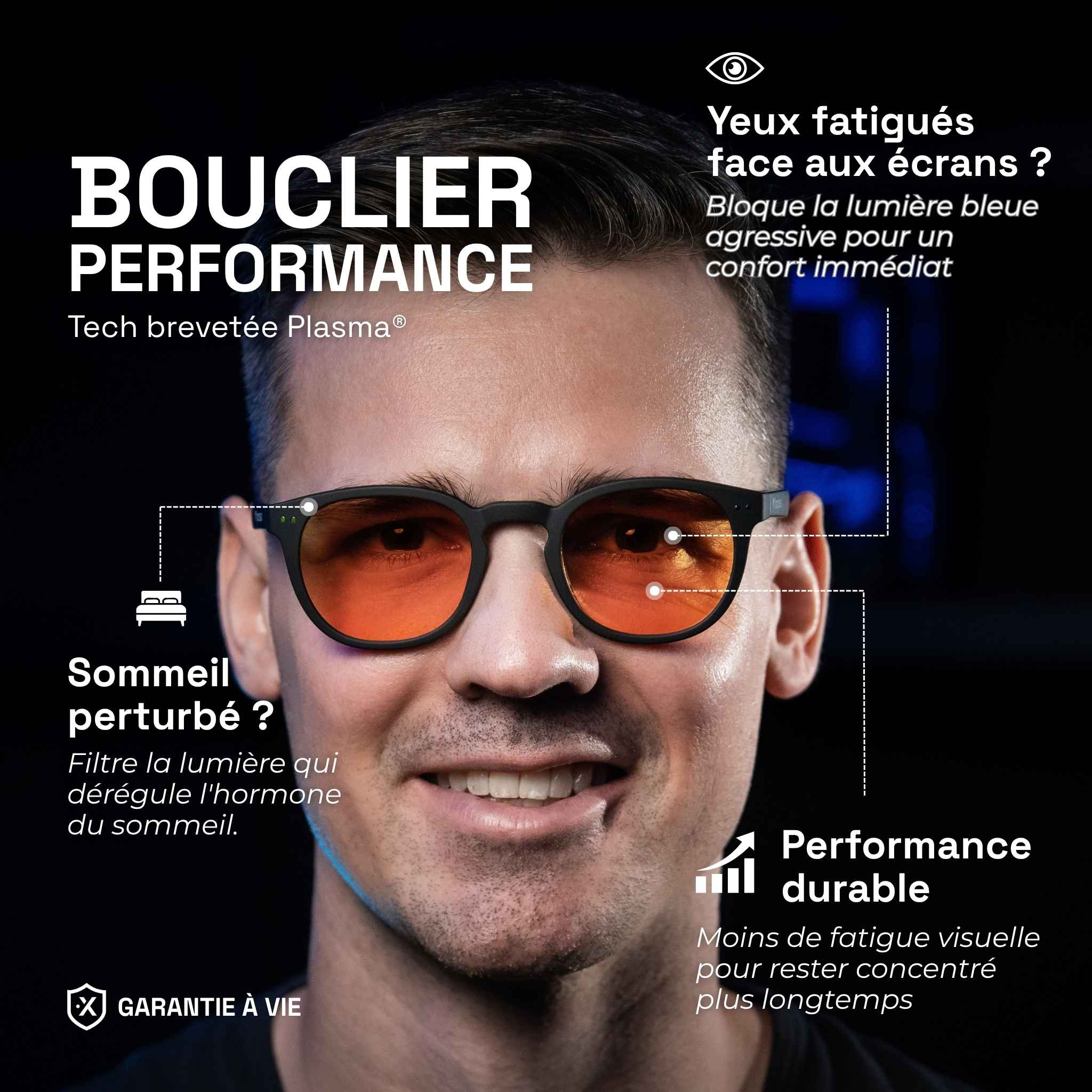 Our co-founder Matthieu wears the amber urban gaming glasses and shows the benefits: performance shield, anti-blue light for better comfort and sleep.