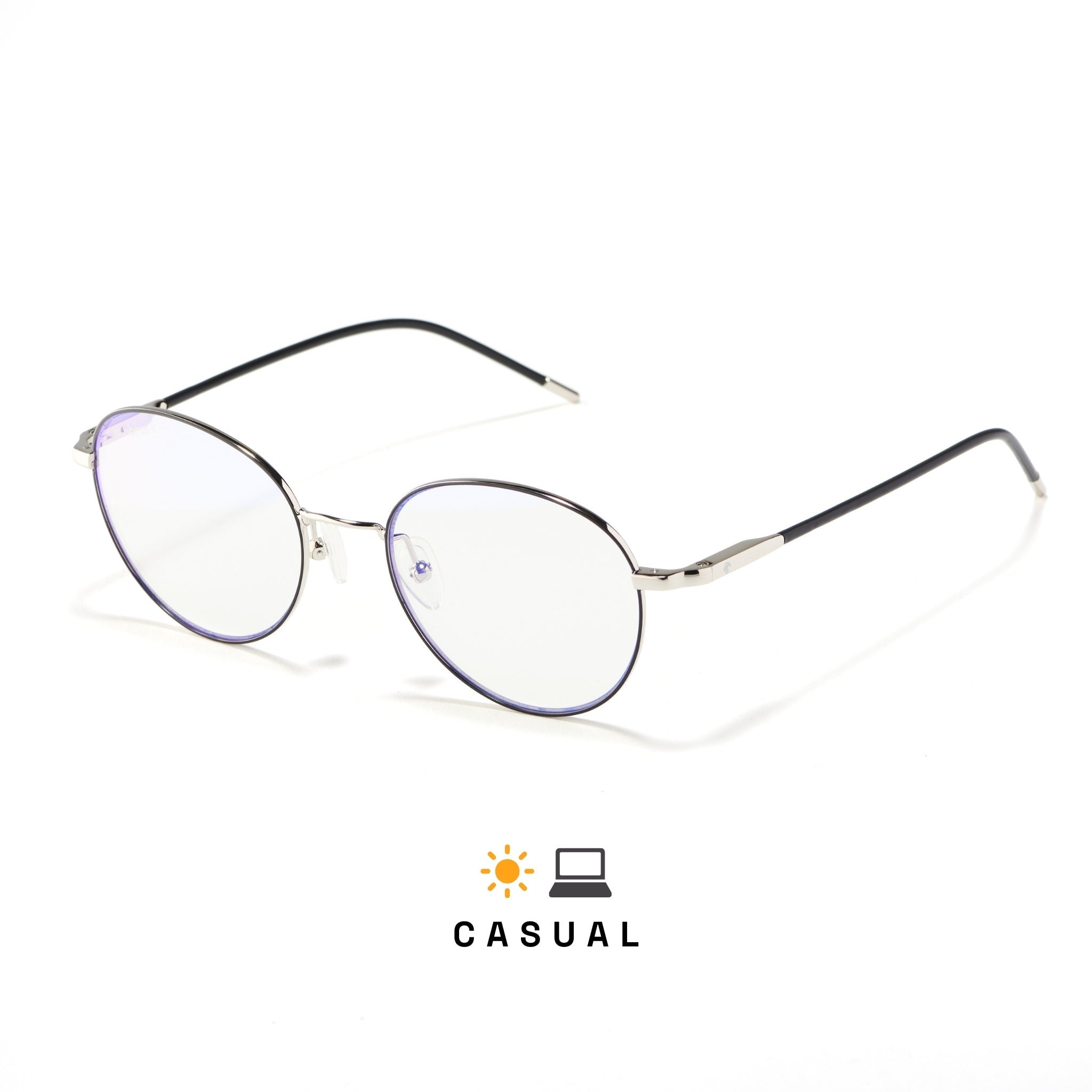 Lunettes anti lumière bleue rondes en métal argenté, cerclage argent foncé, branches marrons, sur fond blanc