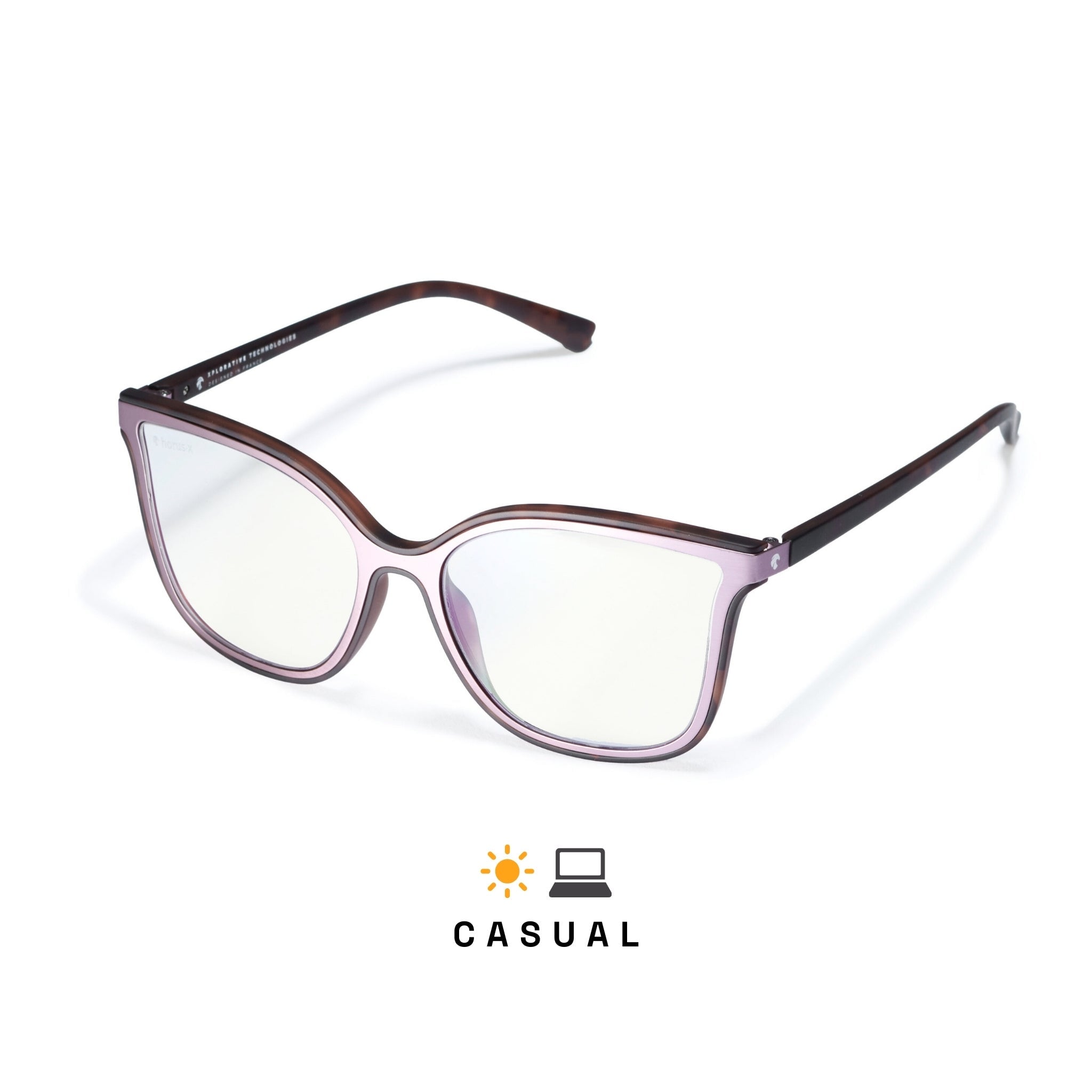 Lunettes anti lumière bleue milano, monture polycarbonate tortoise mate, monture avant avec plaquage métal argenté. Verres clairs. Sur fond blanc