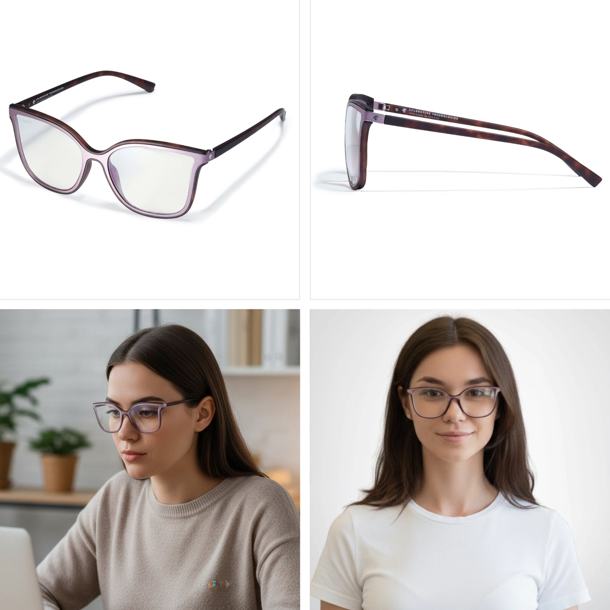 lunettes anti lumière bleue Milano verre clair de 3/4 sur fond blanc, de profil et sur visage femme