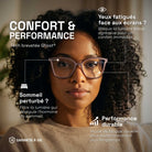 Woman with curly hair wearing Milano blue light blocking glasses on a soft background. Product benefits in text: Comfort and performance, blocks aggressive blue light for less tired eyes and better sleep.
