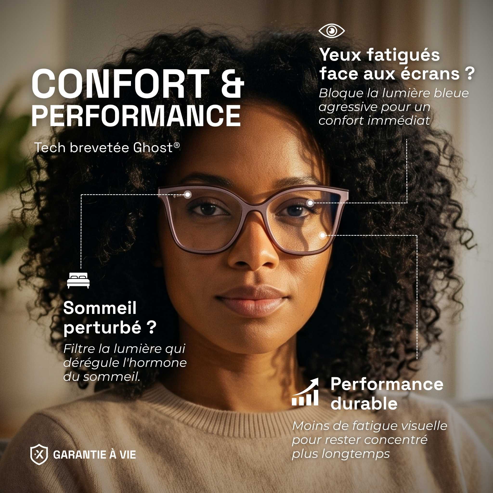Woman with curly hair wearing Milano blue light blocking glasses on a soft background. Product benefits in text: Comfort and performance, blocks aggressive blue light for less tired eyes and better sleep.