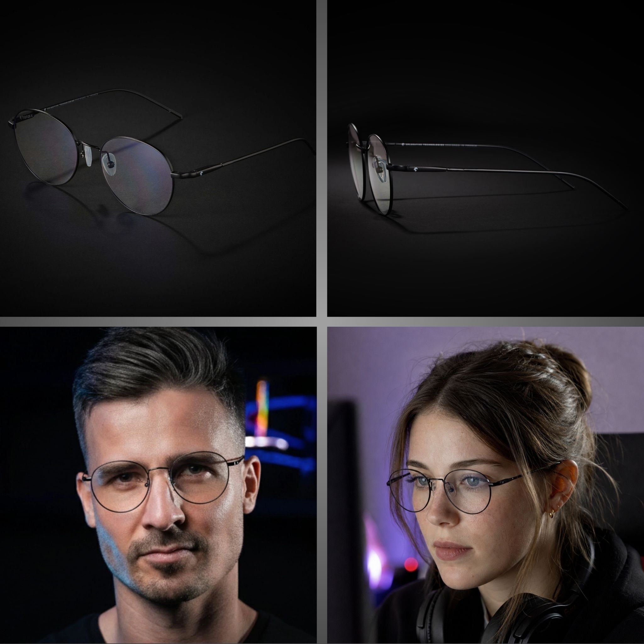 lunettes gaming Obsidian clear de 3/4, de profil et sur visage homme et femme