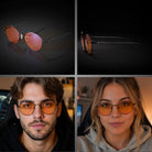 lunettes gaming Obsidian ambrée de 3/4, de profil et sur visage homme et femme