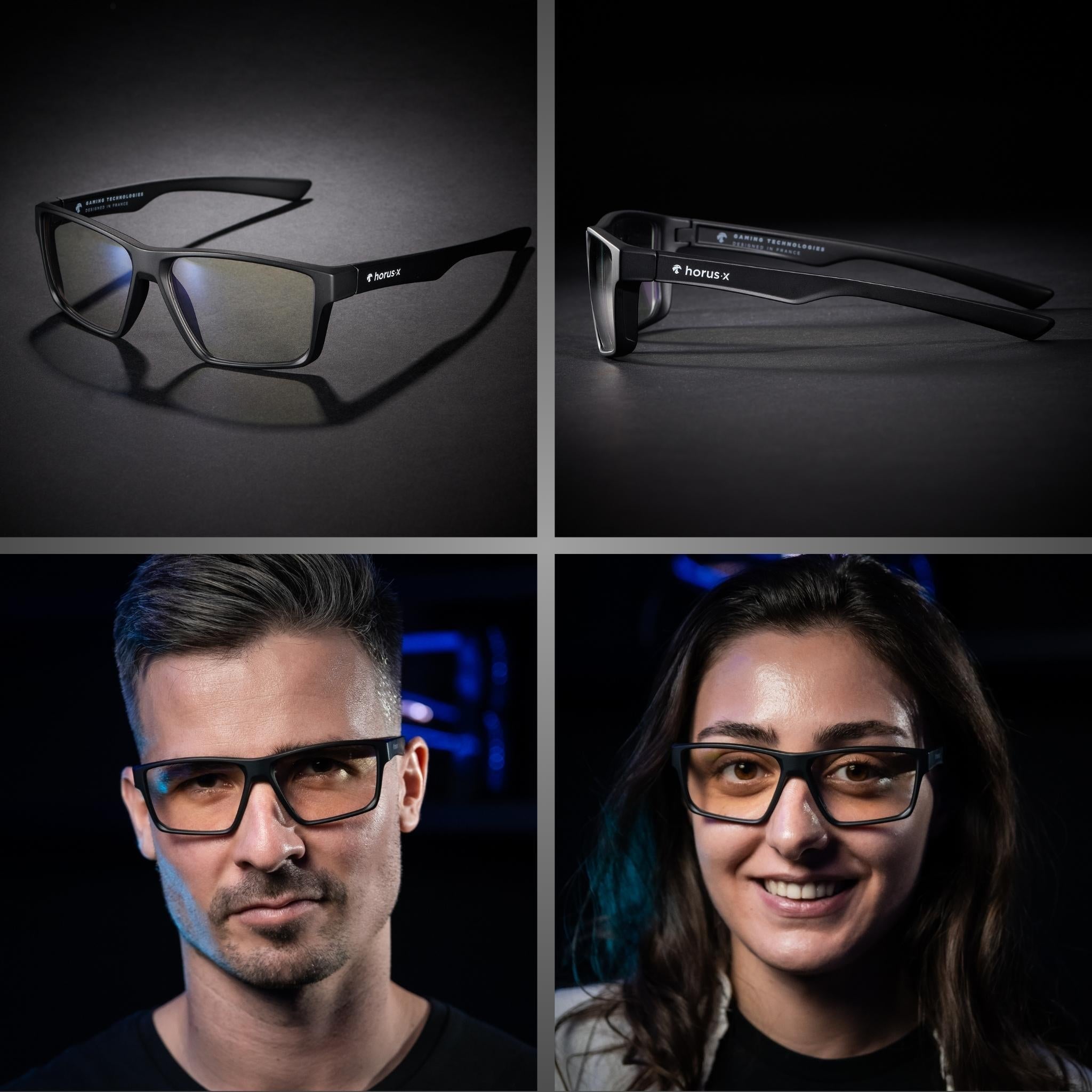 lunettes gaming One clear de 3/4, de profil et sur visage homme et femme