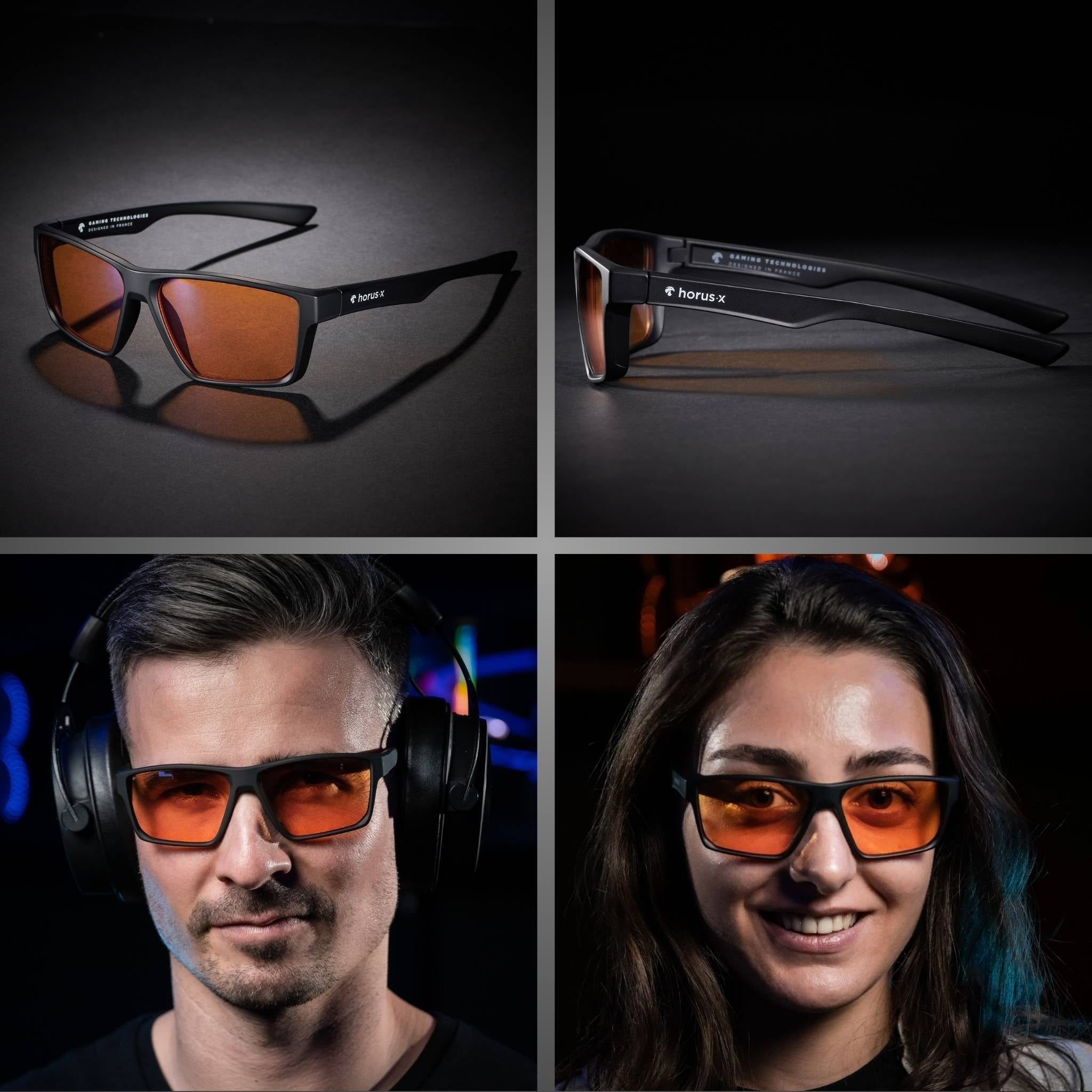 lunettes gaming One de 3/4, de profil et sur visage homme et femme