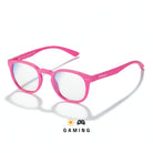 Lunettes gaming rondes roses avec verres ambrés sur fond blanc
