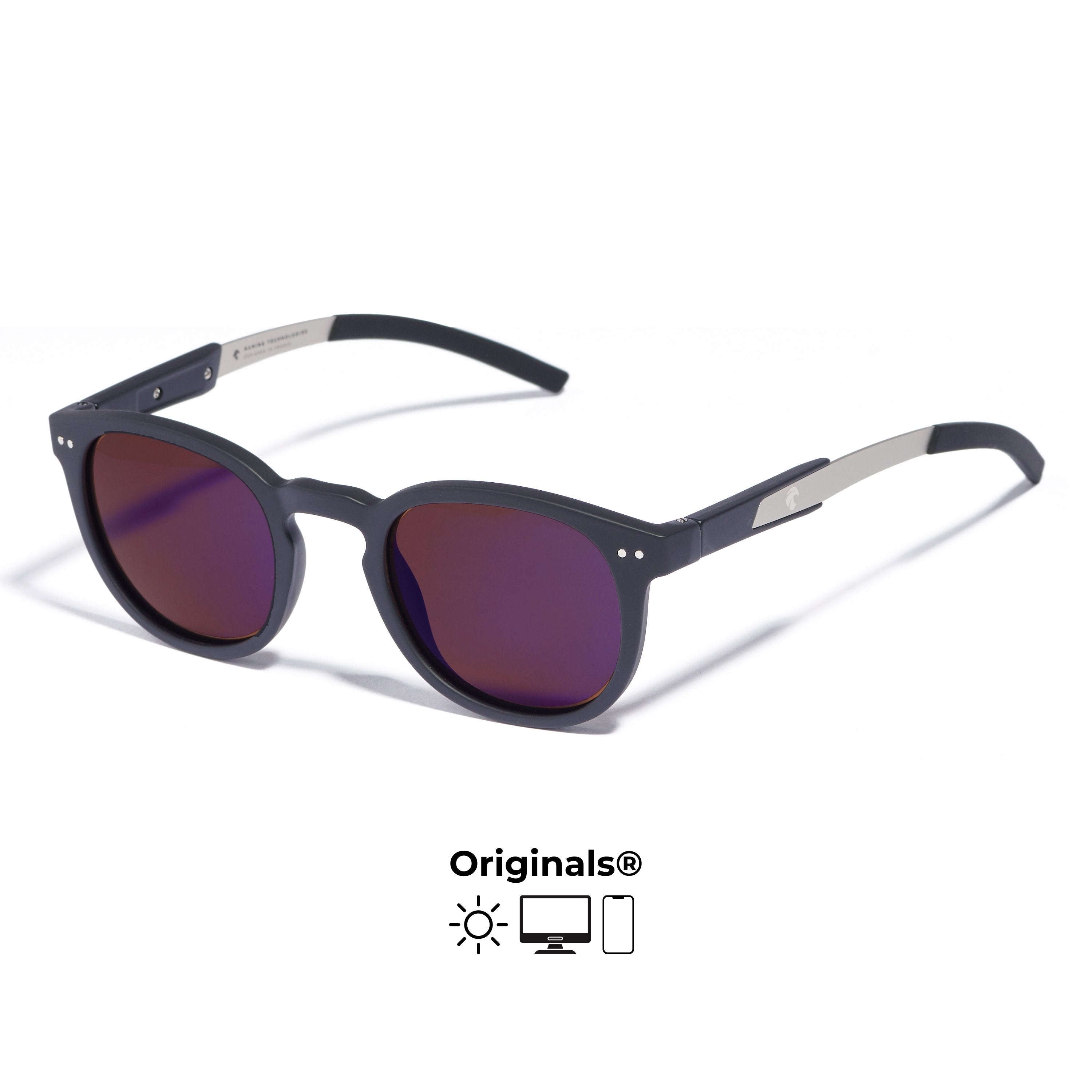 Lunettes de soleil anti lumière bleue Urban Revo de 3/4 sur fond blanc avec icônes originals Horus X