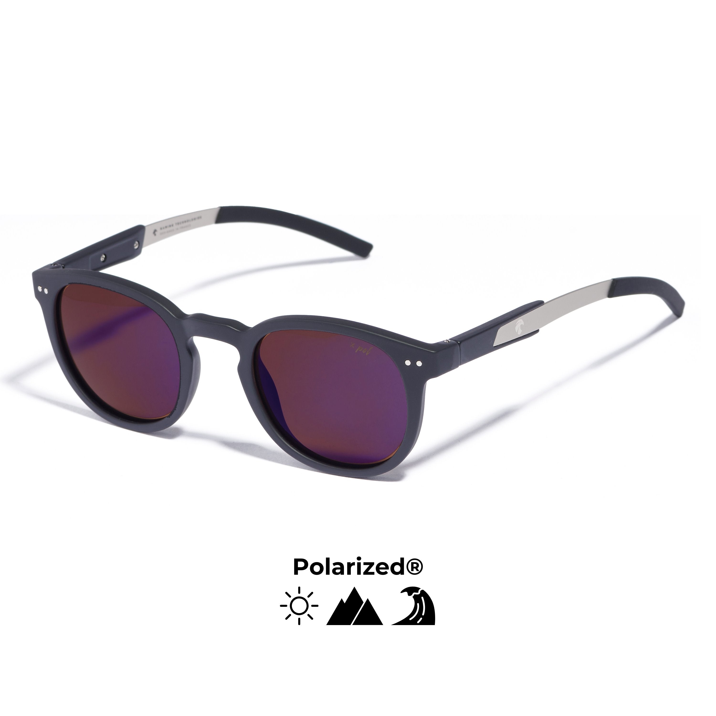 Lunettes de soleil polarisées Urban Revo de 3/4 sur fond blanc avec icônes polarized Horus X